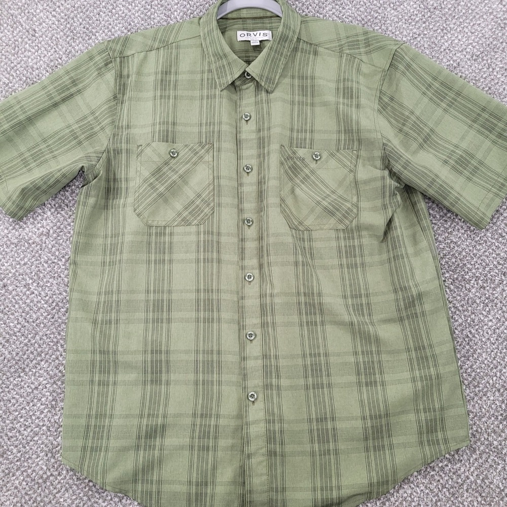 Orvis Mens Olive Green Plaid Short Sleeve Button Down Shirt Large Lightweight